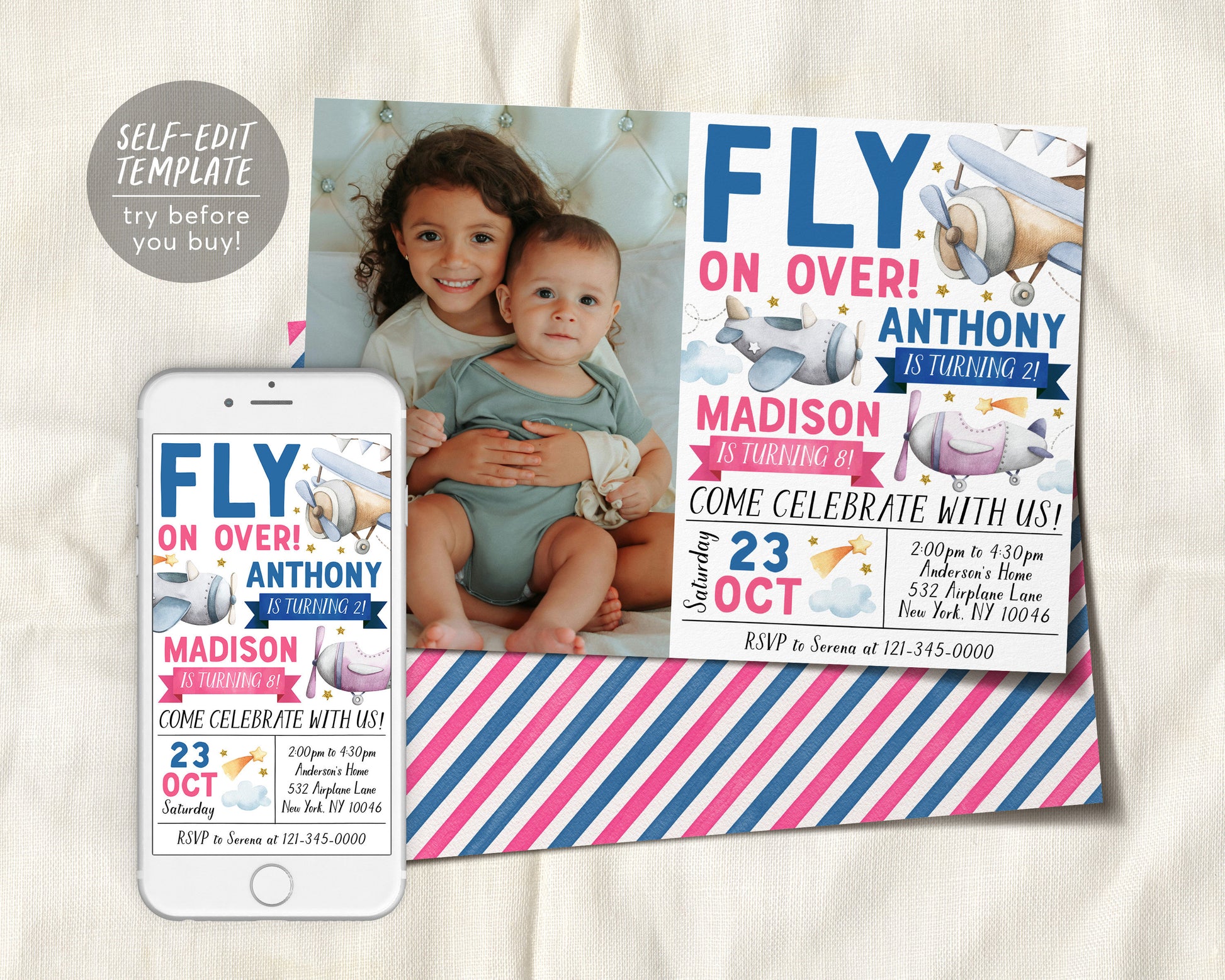 Airplane Joint Siblings Birthday Invitation With Photo Editable Template