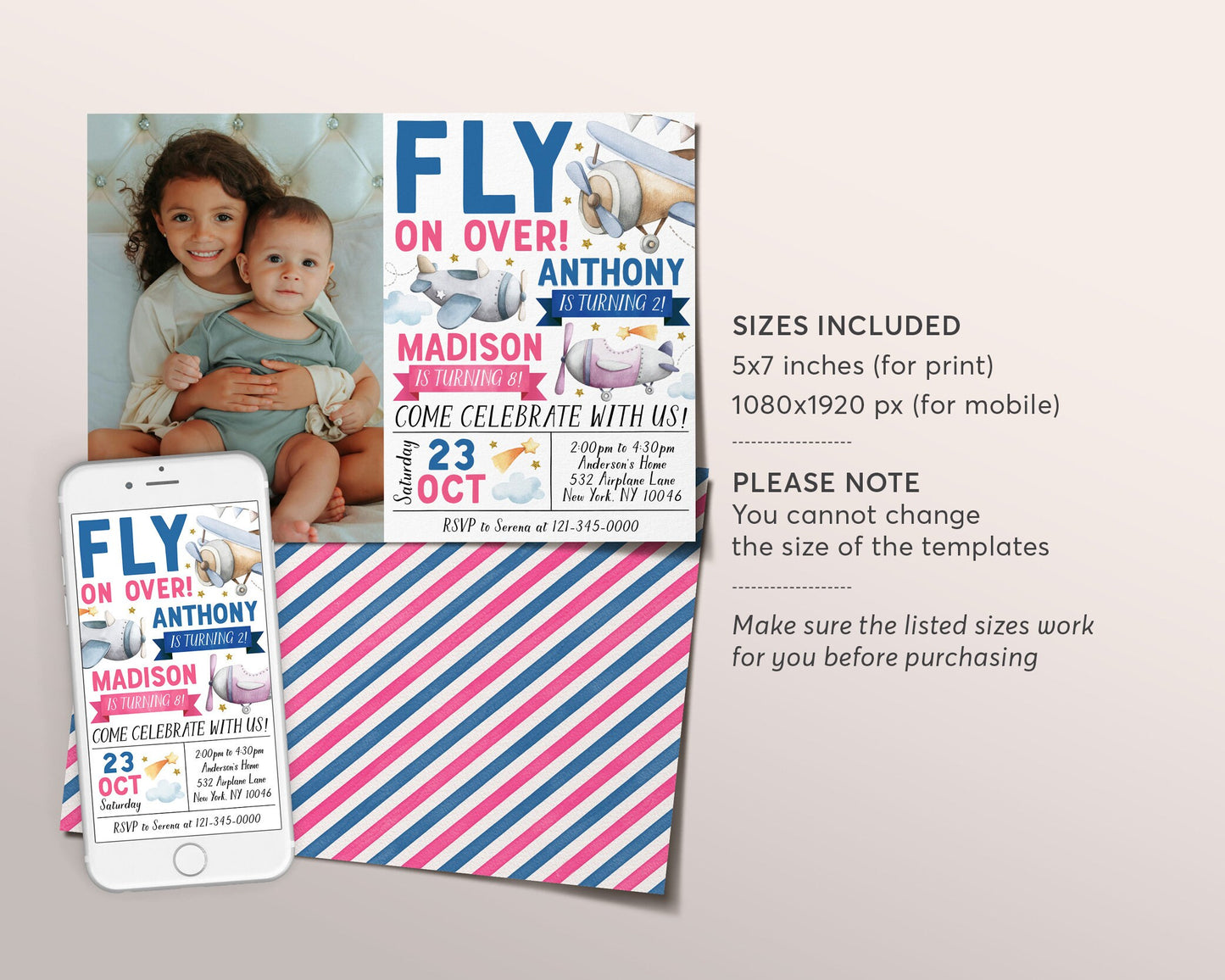 Airplane Joint Siblings Birthday Invitation With Photo Editable Template, Twins Girl Boy Fly On Over Birthday Party Invite Plane Theme Evite