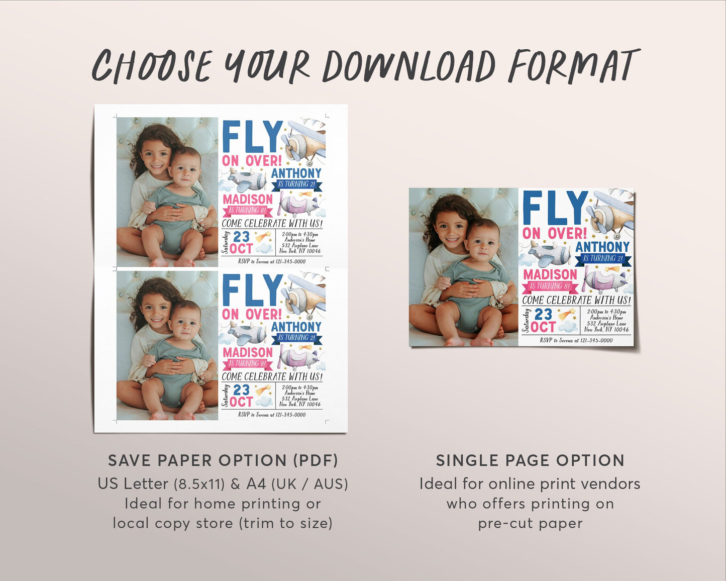 Airplane Joint Siblings Birthday Invitation With Photo Editable Template, Twins Girl Boy Fly On Over Birthday Party Invite Plane Theme Evite