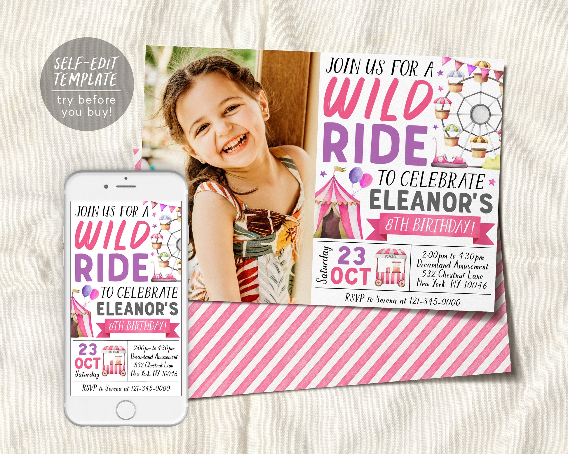 Amusement Park Birthday Invitation With Photo Editable Template