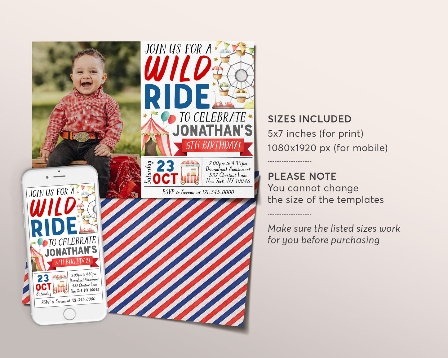 Amusement Park Birthday Invitation With Photo Editable Template, Unisex Boy Theme Park Party Invite, Carnival Wild Ride Evite Printable