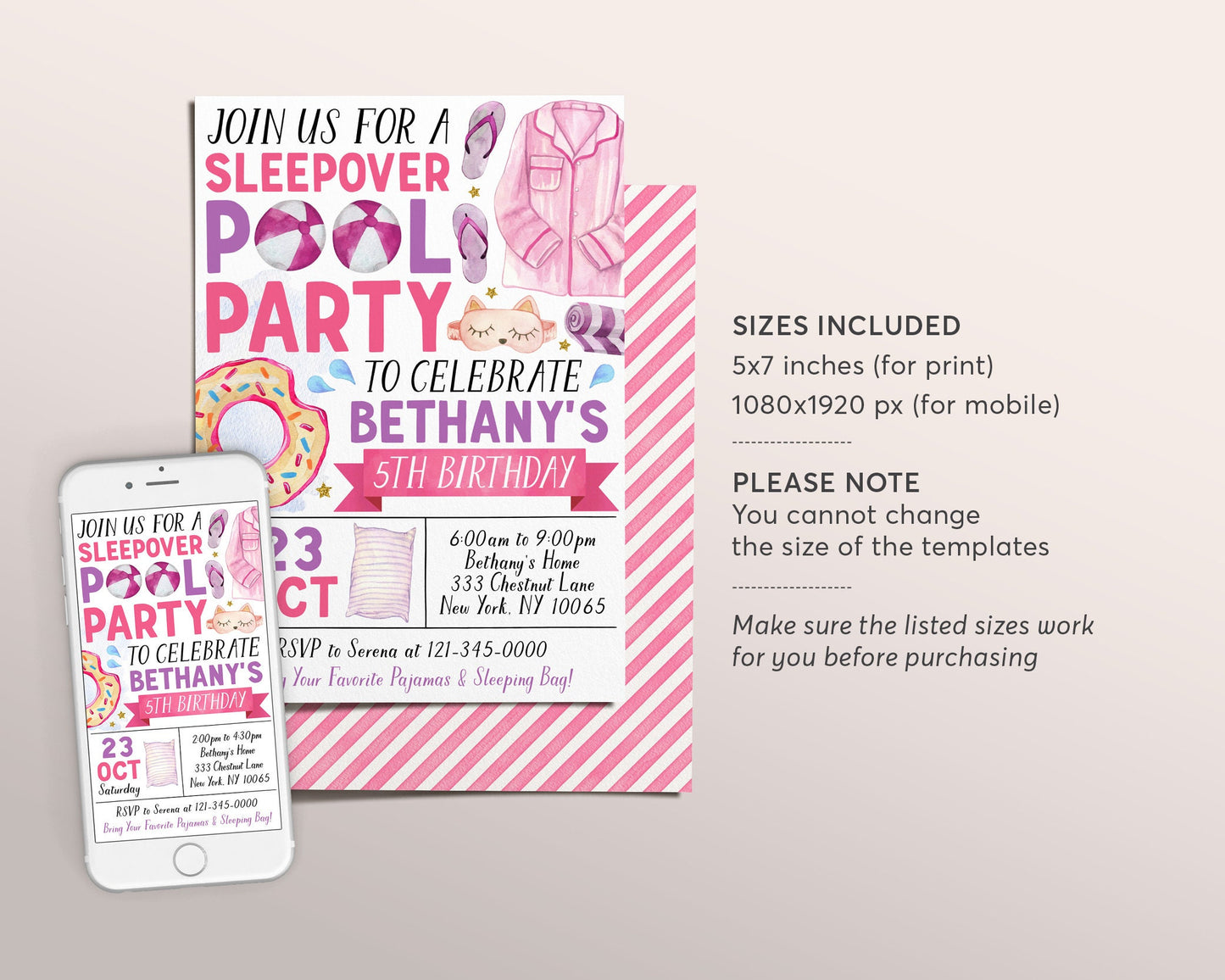 Sleepover Pool Party Birthday Invitation Editable Template, Swimming Slumber Party Sleep Over Invite, Teen Tween Girls Pajamas Swim Evite