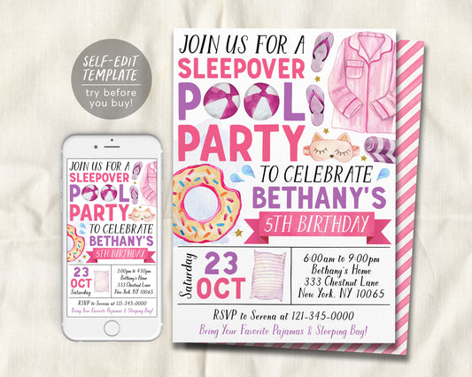 Sleepover Pool Party Birthday Invitation Editable Template