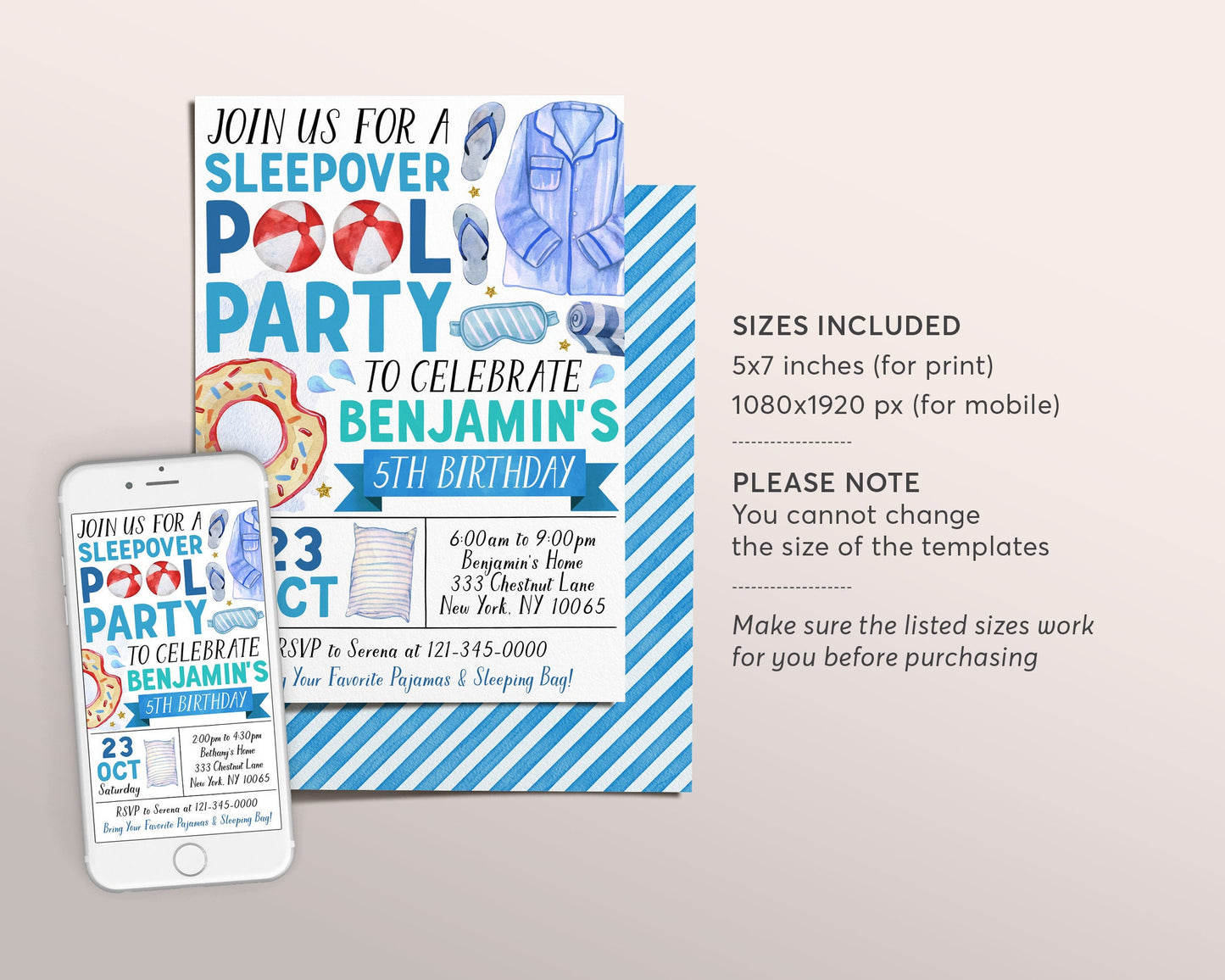 Sleepover Pool Party Birthday Invitation Editable Template, Swimming Slumber Party Sleep Over Invite, Teen Tween Boy Pajamas Swim Evite