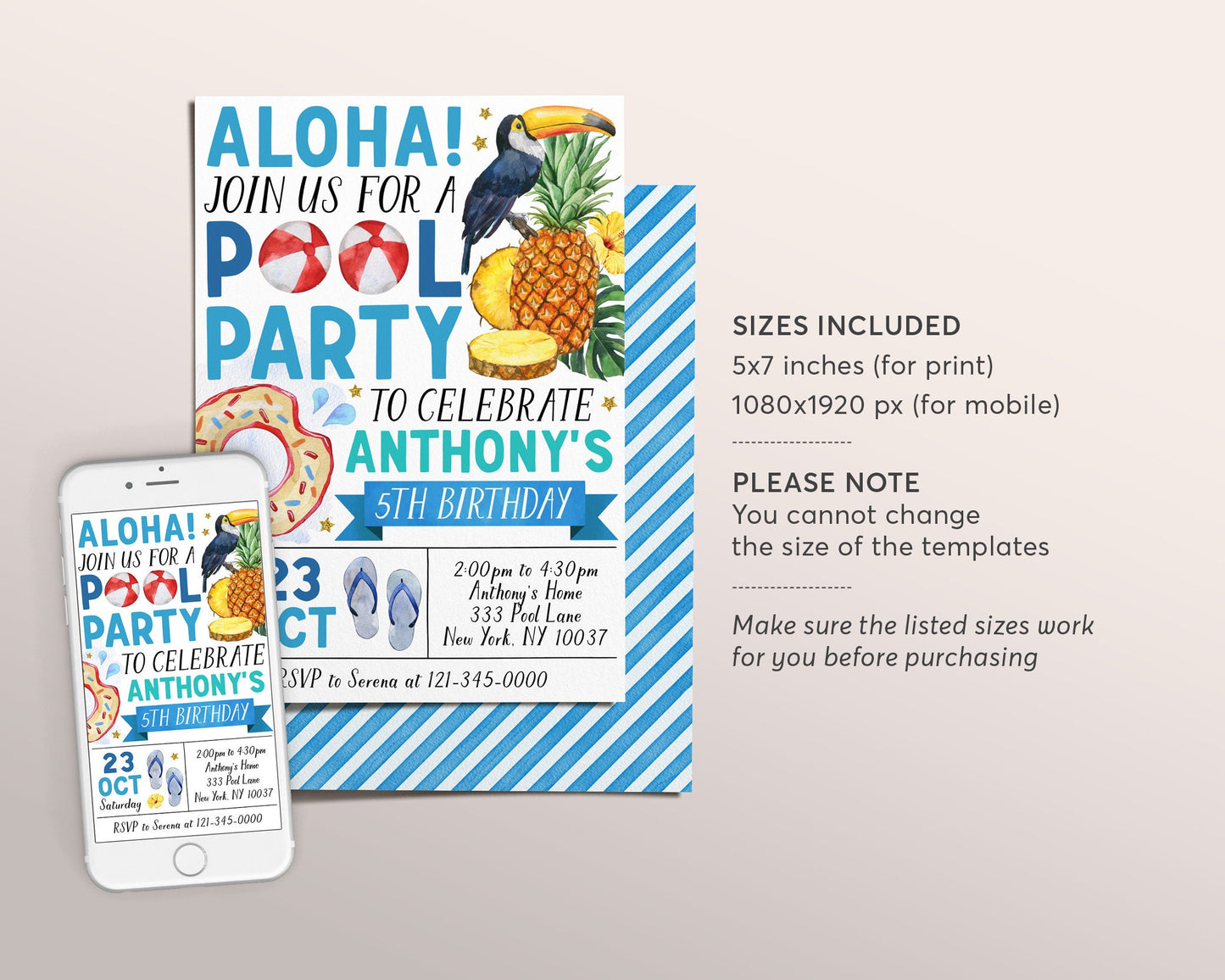 Aloha Tropical Pool Party Birthday Invitation Editable Template, Summer Hawaiian Themed Swimming Party Invite, Boy Hawaii Pineapple Evite