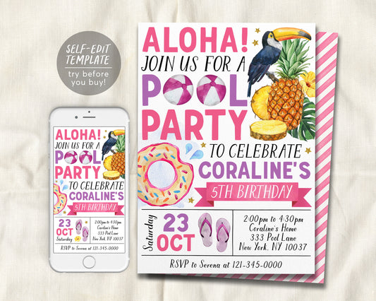 Aloha Tropical Pool Party Birthday Invitation Editable Template