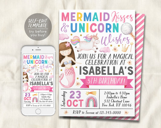 Mermaids And Unicorns Birthday Invitation Editable Template