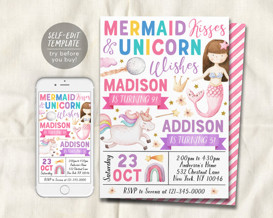 Mermaids And Unicorns Joint Siblings Birthday Invitation Editable Template