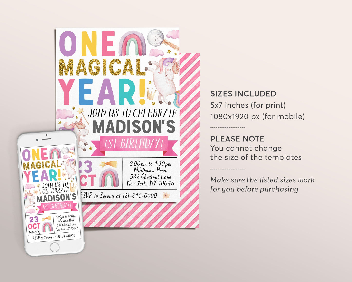 Unicorn First Birthday Invitation Editable Template, Girl One Magical Year 1st Birthday Tea Party Invite, Pastel Unicorns Onederful Evite