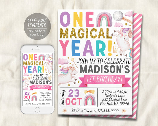 Unicorn First Birthday Invitation Editable Template