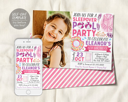 Sleepover Pool Party Birthday Invitation With Photo Editable Template