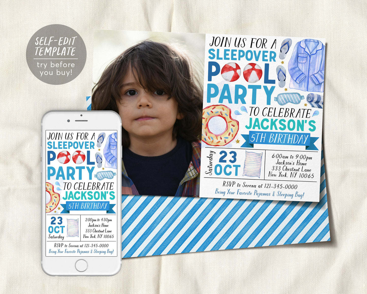 Sleepover Pool Party Birthday Invitation With Photo Editable Template