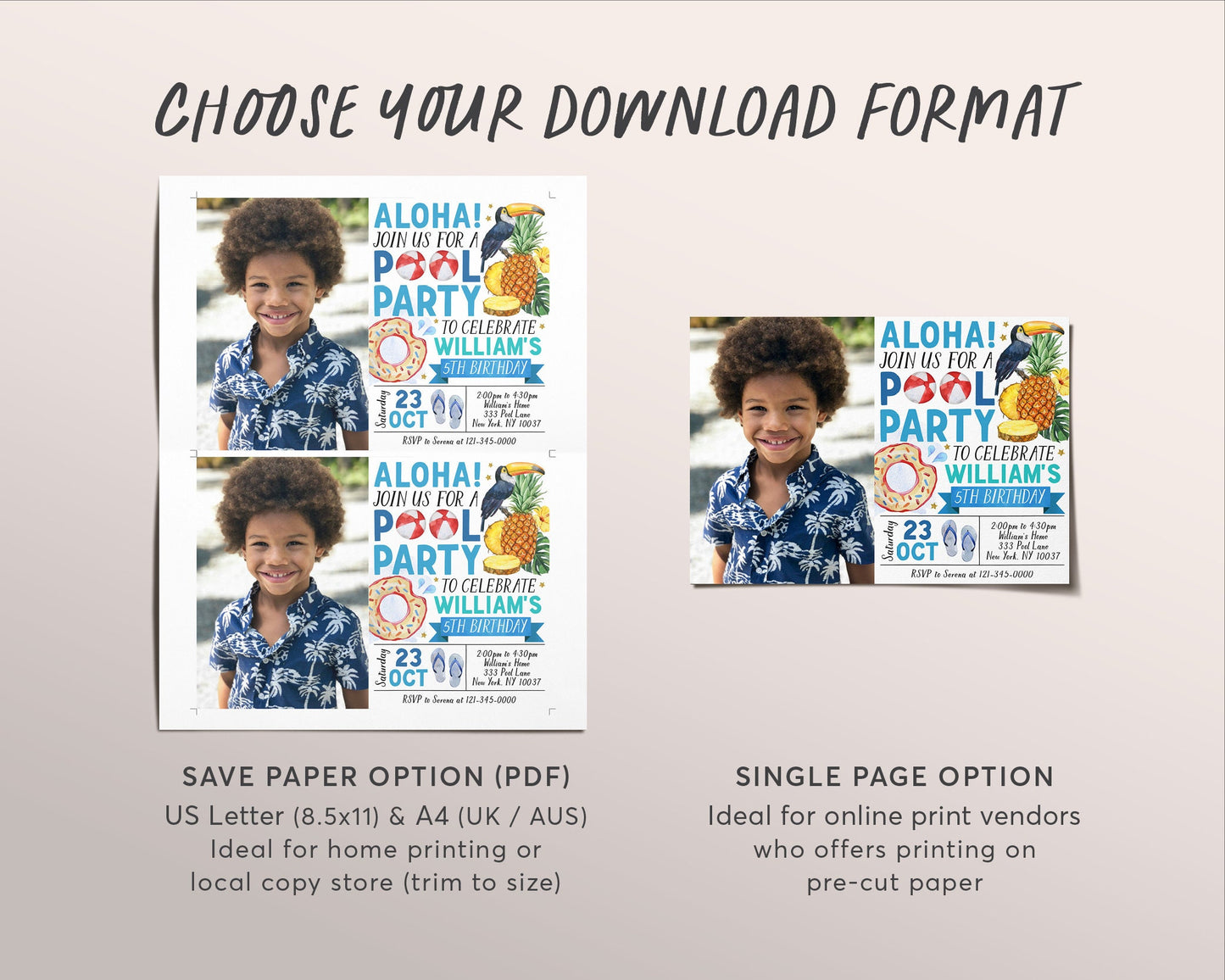 Aloha Tropical Pool Party Birthday Invitation With Photo Editable Template, Summer Hawaiian Swimming Party Invite, Boy Pineapple Evite