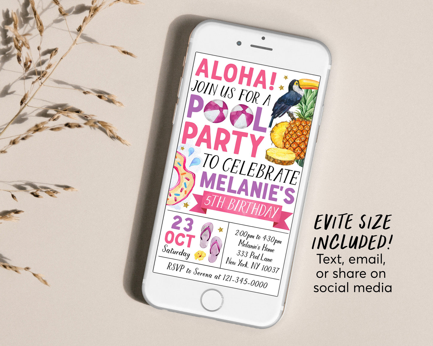 Aloha Tropical Pool Party Birthday Invitation With Photo Editable Template, Summer Themed Swimming Party Invite, Girl Hawaii Pineapple Evite