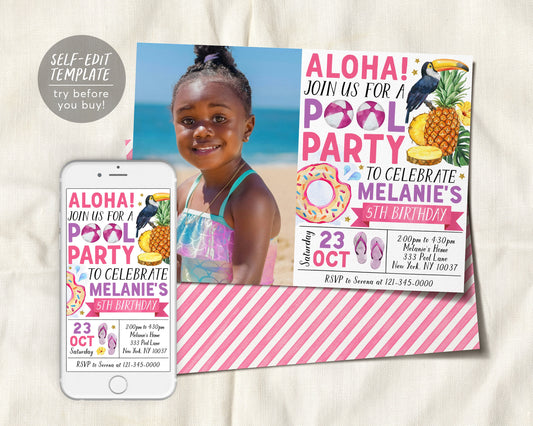 Aloha Tropical Pool Party Birthday Invitation With Photo Editable Template