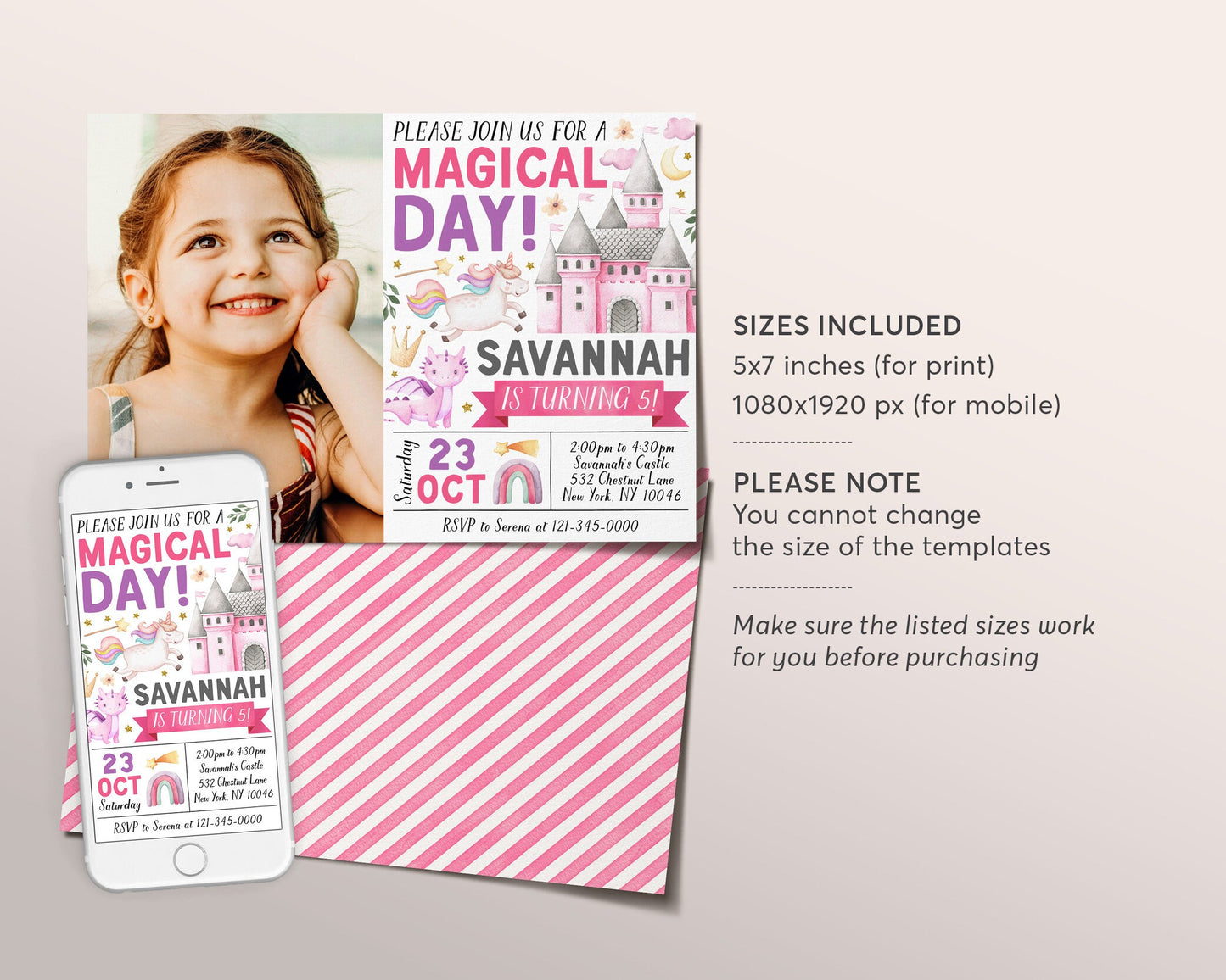 Unicorn Dragon Birthday Invitation With Photo Editable Template, Girl Magical Day Party Invite, Castle Unicorns and Dragons Princess Evite