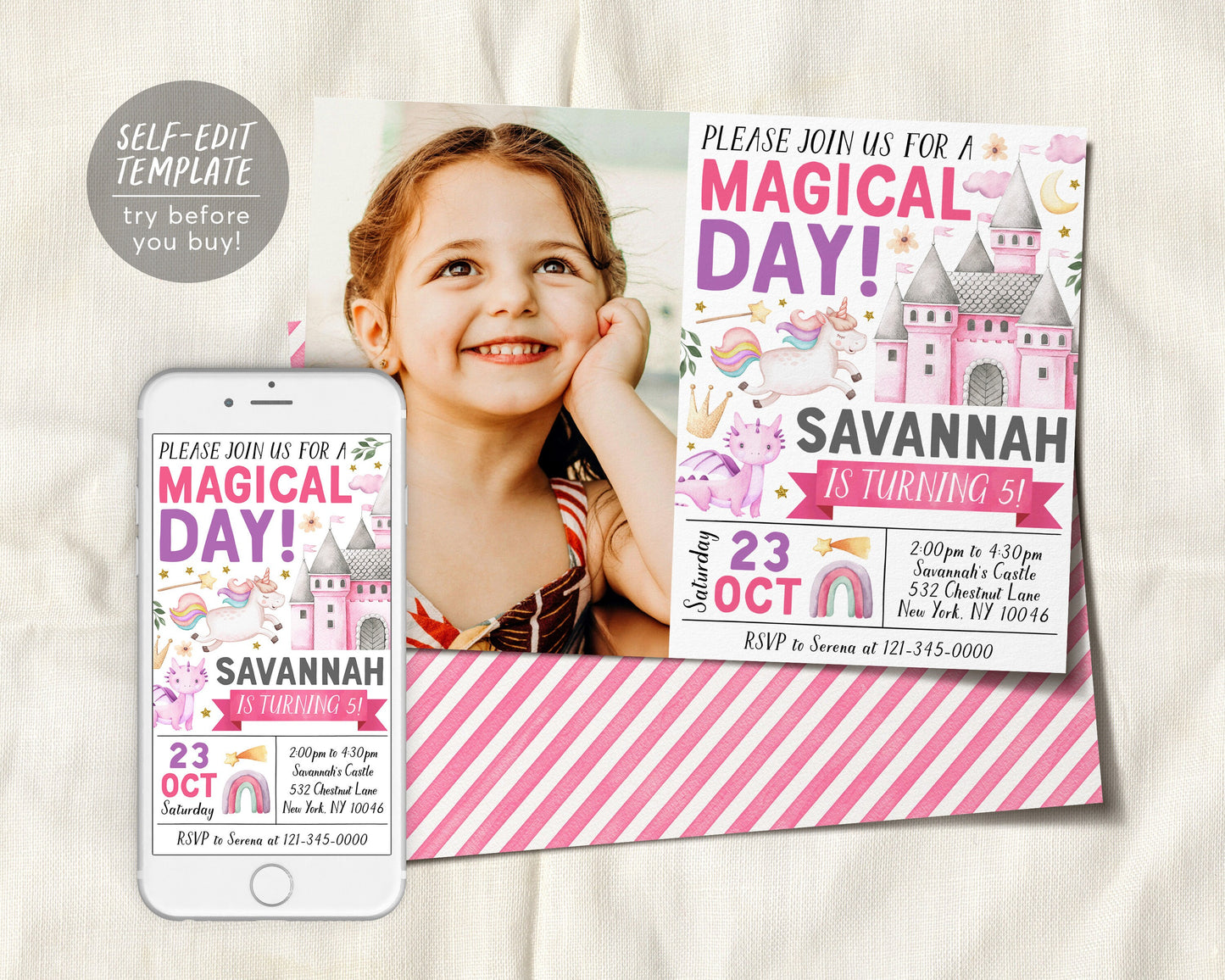 Unicorn Dragon Birthday Invitation With Photo Editable Template