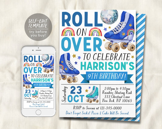 Roller Skating Birthday Invitation Editable Template