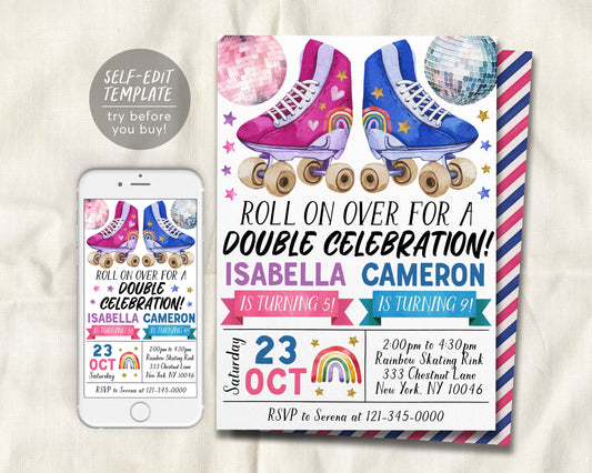 Roller Skating Joint Siblings Double Birthday Invitation Editable Template