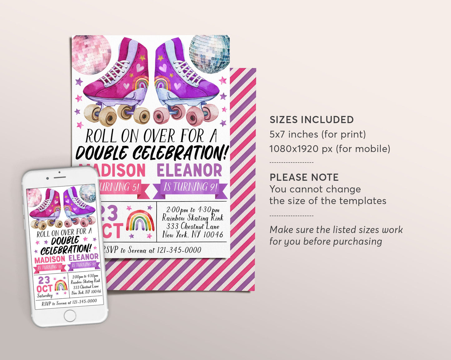 Roller Skating Joint Siblings Double Birthday Invitation Editable Template, Girls Twins Roller Skate Party Invite, Rollerskating Rink Evite