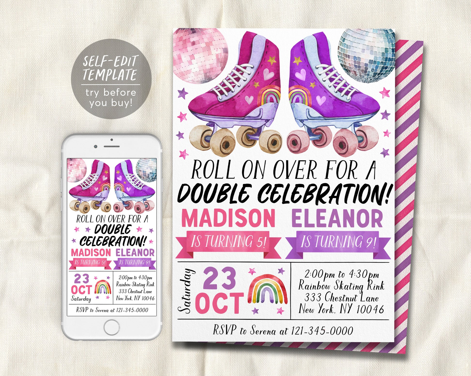 Roller Skating Joint Siblings Double Birthday Invitation Editable Template