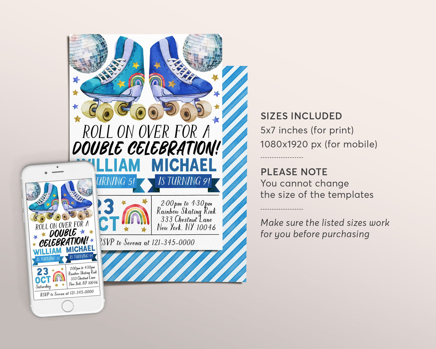 Roller Skating Joint Siblings Double Birthday Invitation Editable Template, Boys Twins Roller Skate Party Invite, Rollerskating Rink Evite