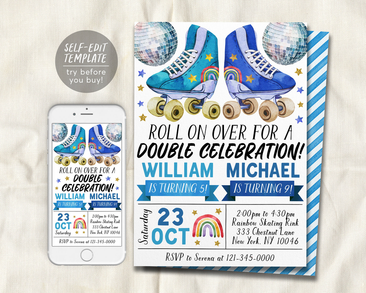 Roller Skating Joint Siblings Double Birthday Invitation Editable Template