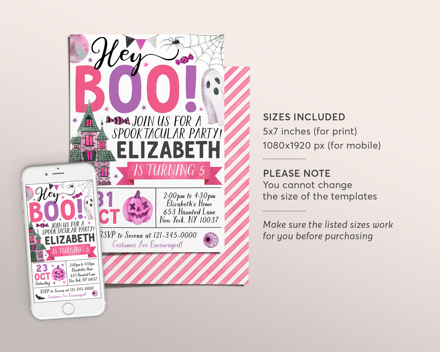 Halloween Birthday Invitation Editable Template, Girl Hey Boo Ghost Party Invite, Kids Spooktacular Halloween Costume Party Evite Printable