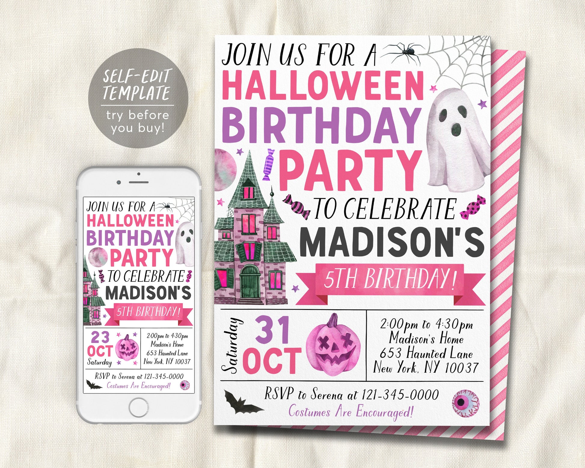 Halloween Birthday Invitation Editable Template, Girl Ghost Party Invite, Kids Spooktacular Halloween Costume Party Evite Haunted House