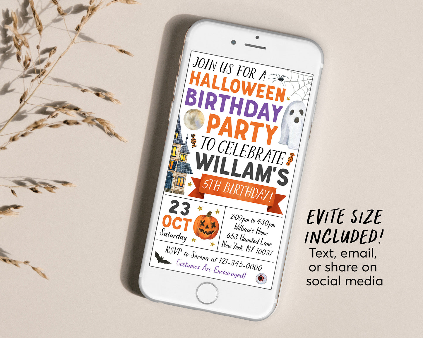 Halloween Birthday Invitation Editable Template, Ghost Party Invite, Kids Spooktacular Halloween Costume Party Evite, Haunted House