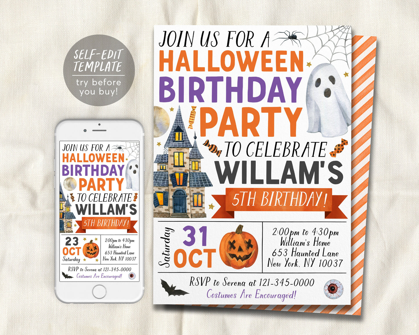 Halloween Birthday Invitation Editable Template, Ghost Party Invite, Kids Spooktacular Halloween Costume Party Evite, Haunted House