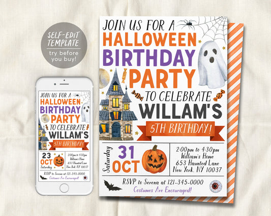 Halloween Birthday Invitation Editable Template, Ghost Party Invite, Kids Spooktacular Halloween Costume Party Evite, Haunted House