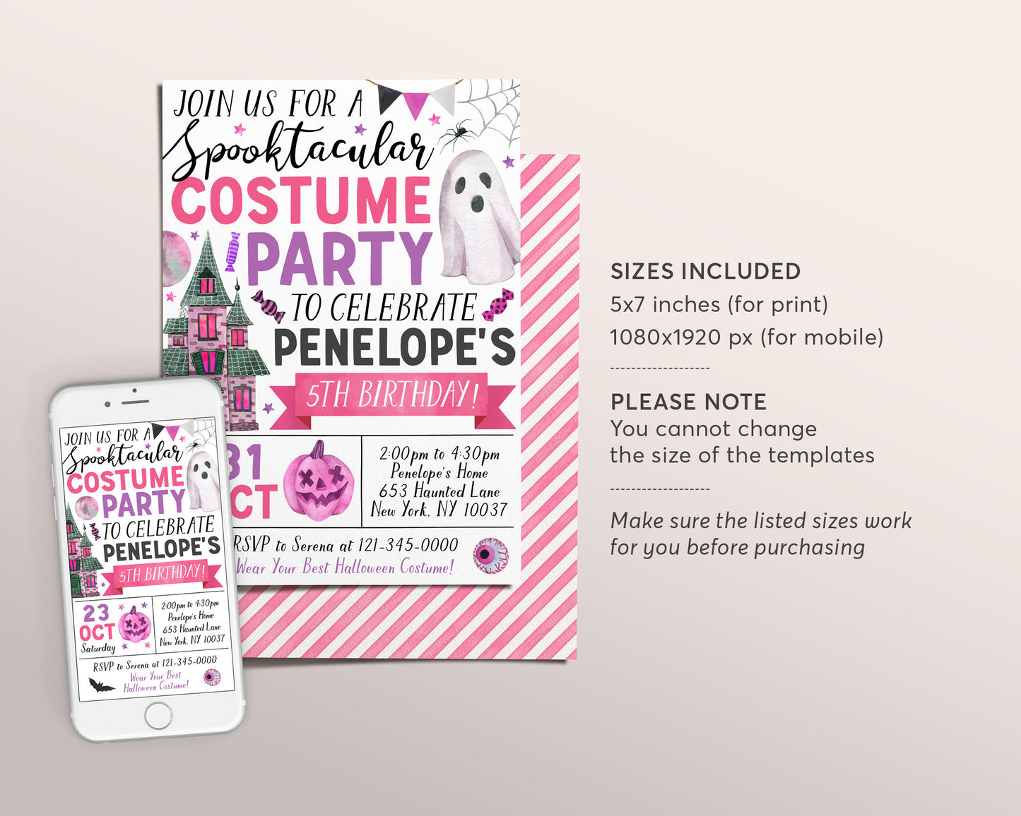 Halloween Costume Party Invitation Editable Template, Girl Pink Ghost Party Birthday Invite, Kids Spooktacular Halloween Party Evite