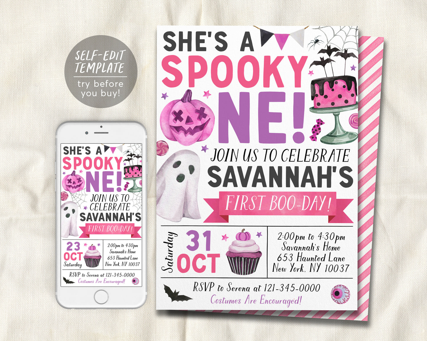 Spooky One Halloween Birthday Invitation Editable Template