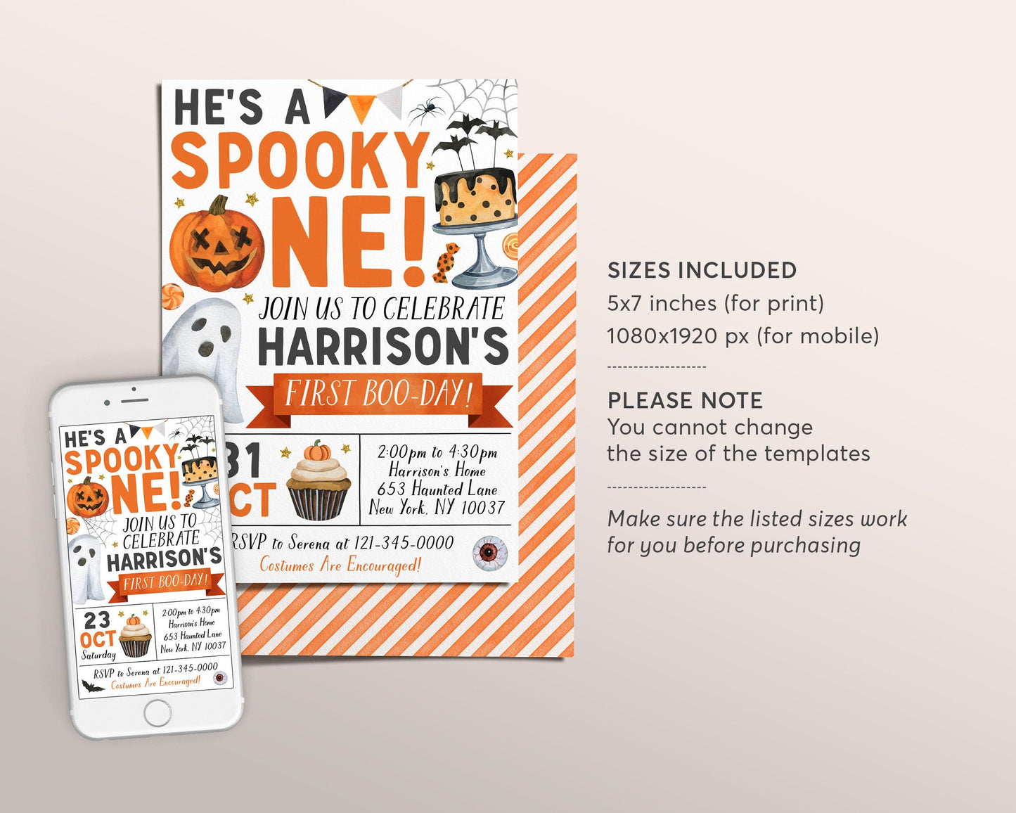 Spooky One Halloween Birthday Invitation Editable Template, Unisex Ghost Spooky First Birthday Party Invite Spooktacular Costume Party Evite