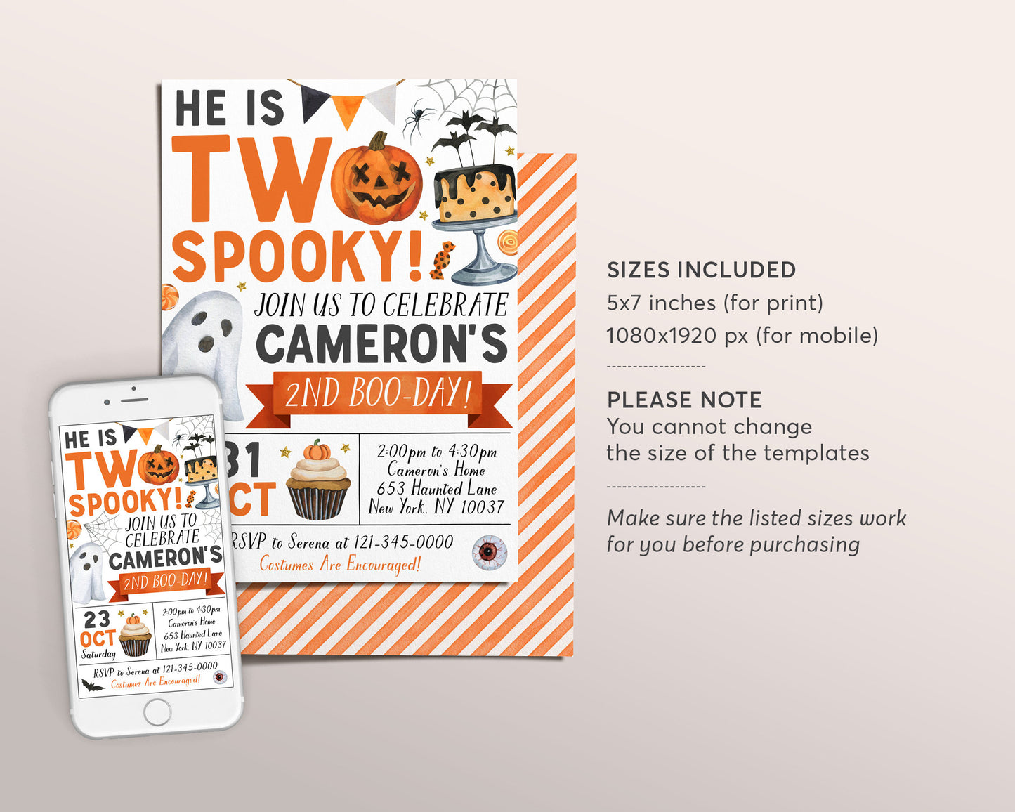 Two Spooky Halloween Birthday Invitation Editable Template, Unisex Ghost Spooky 2nd Birthday Party Invite Spooktacular Costume Party Evite