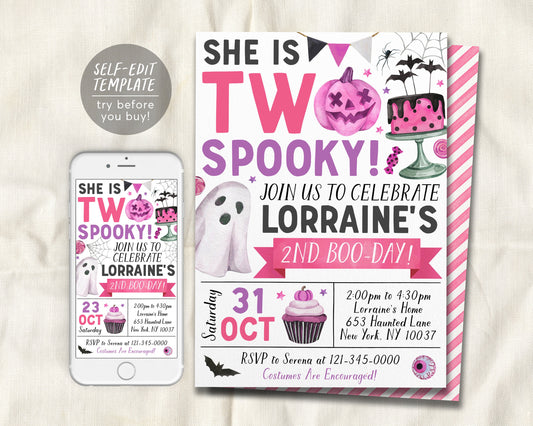 Two Spooky Halloween Birthday Invitation Editable Template