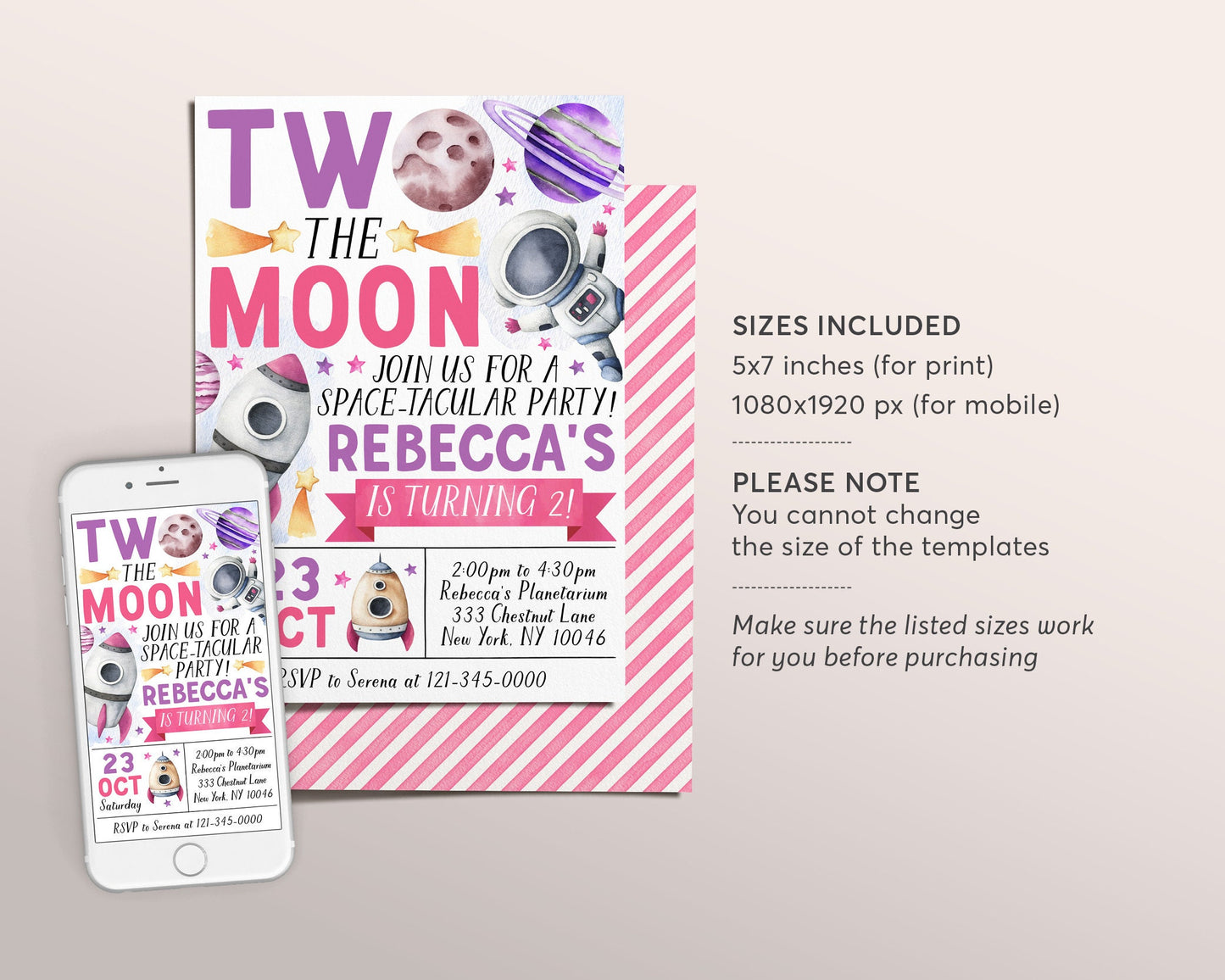 Outer Space Second Birthday Invitation Editable Template, Girl Two the Moon 2nd Birthday Party Invite, Astronaut Rocket Ship Planets Evite