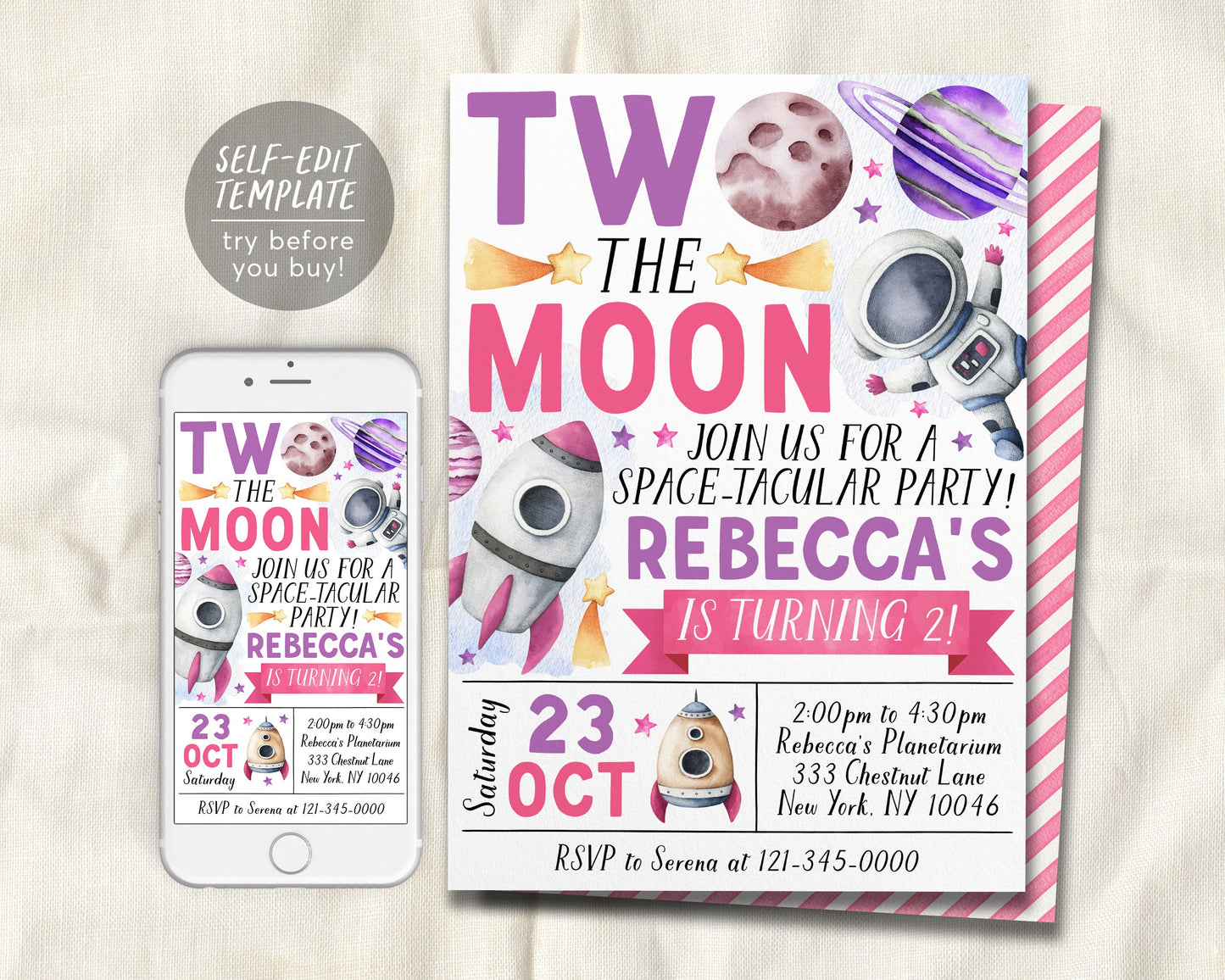 Outer Space Second Birthday Invitation Editable Template