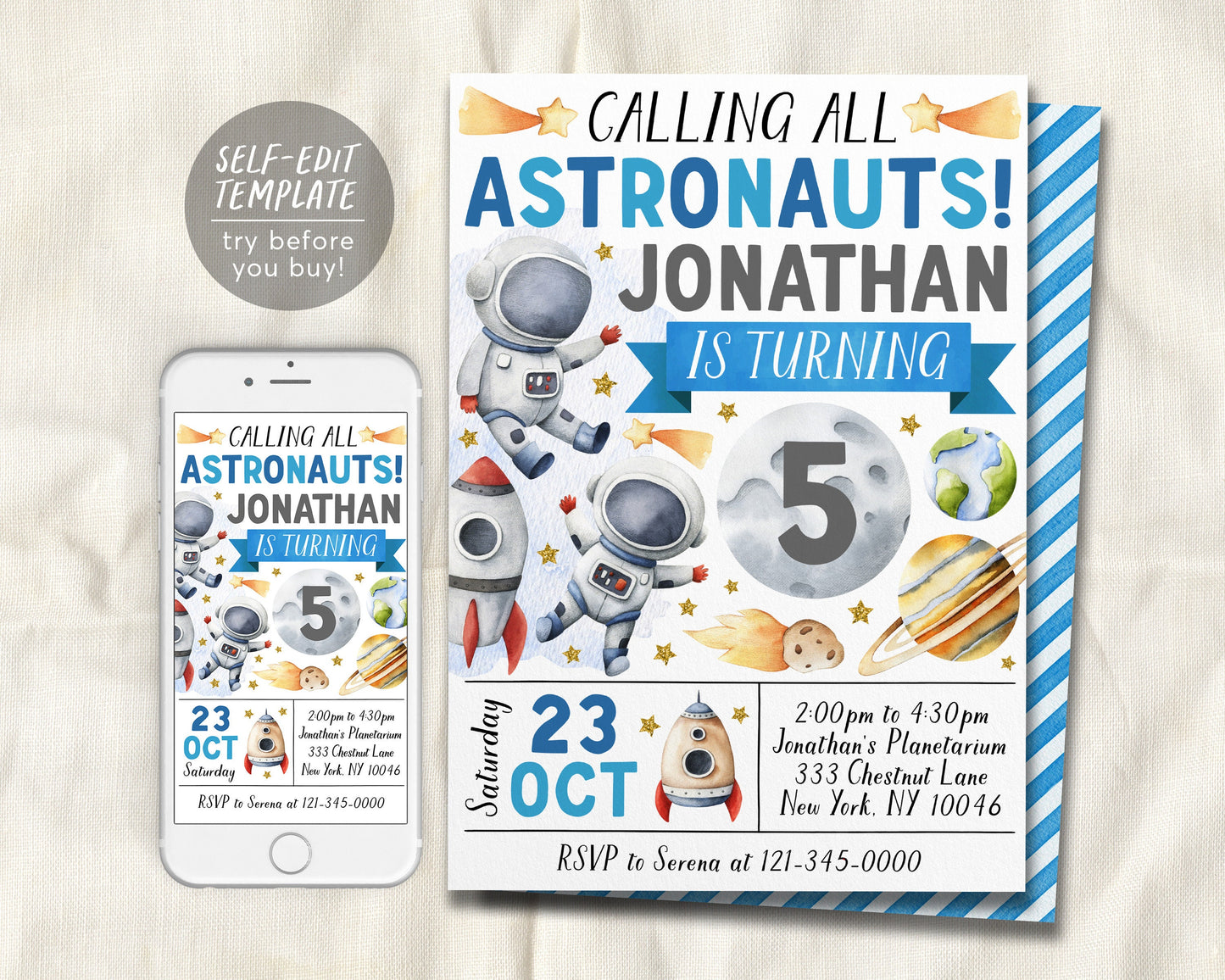 Astronaut Birthday Invitation Editable Template