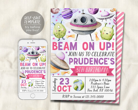 UFO Alien Birthday Invitation Editable Template