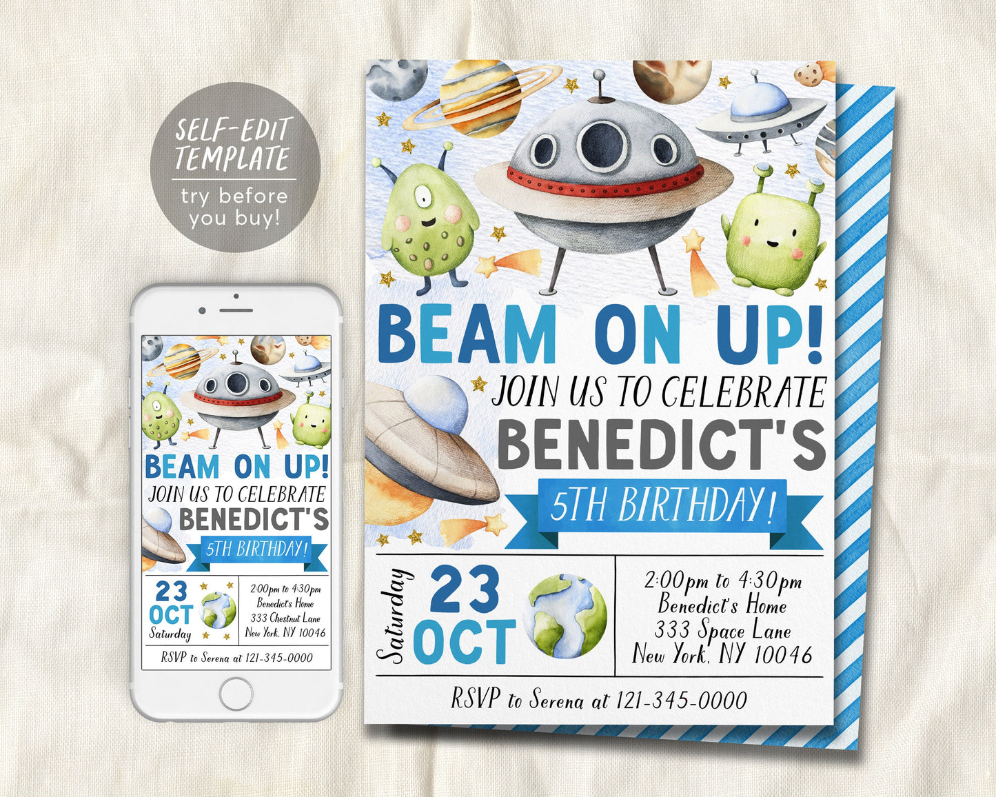 UFO Alien Birthday Invitation Editable Template