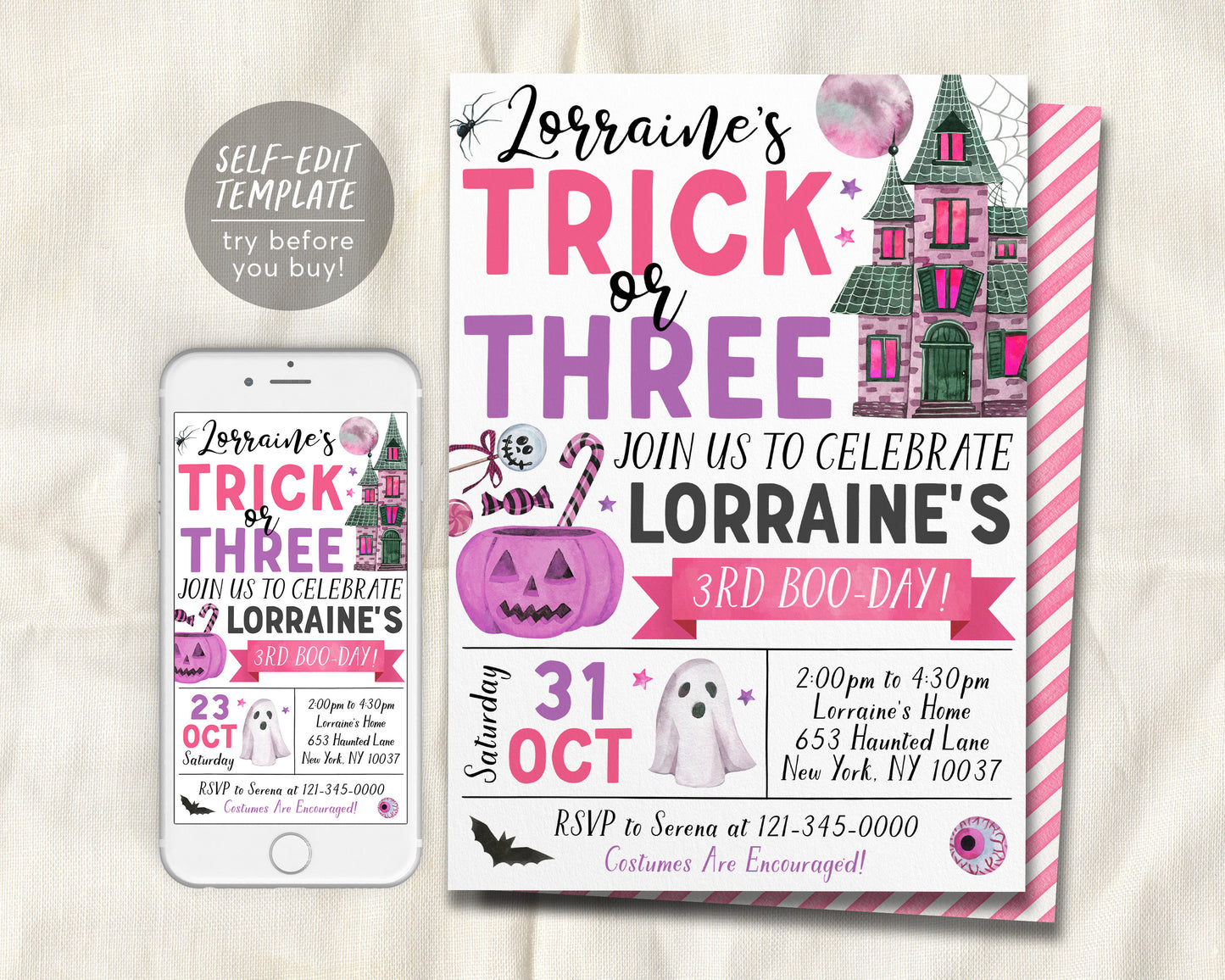 Trick or Three Halloween 3rd Birthday Invitation Editable Template