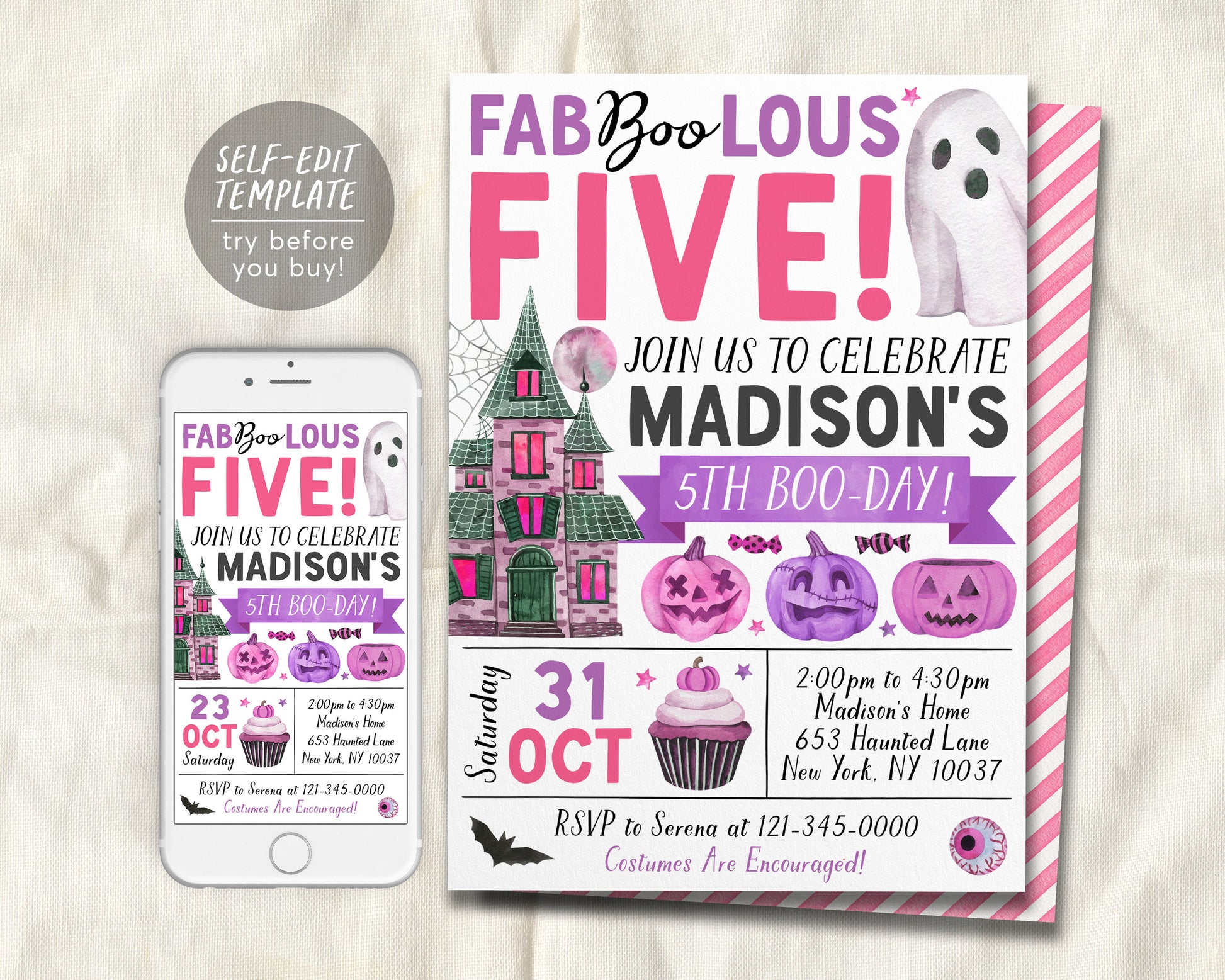 Halloween 5th Birthday Invitation Editable Template