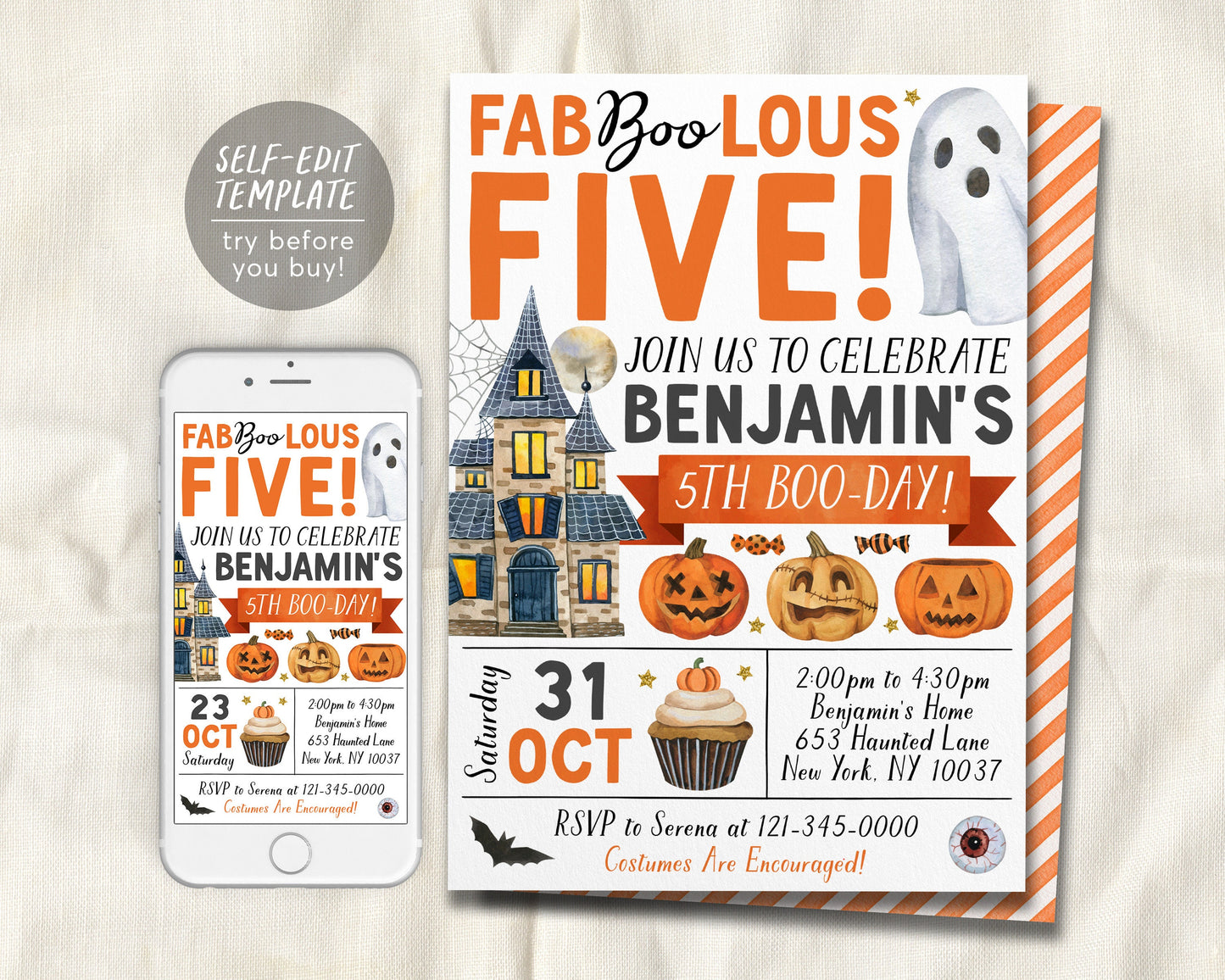 Halloween 5th Birthday Invitation Editable Template