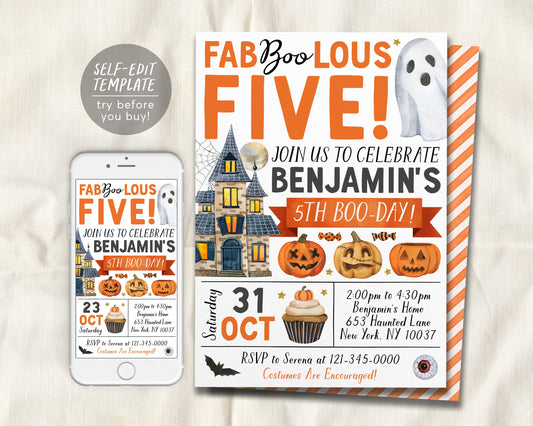 Halloween 5th Birthday Invitation Editable Template