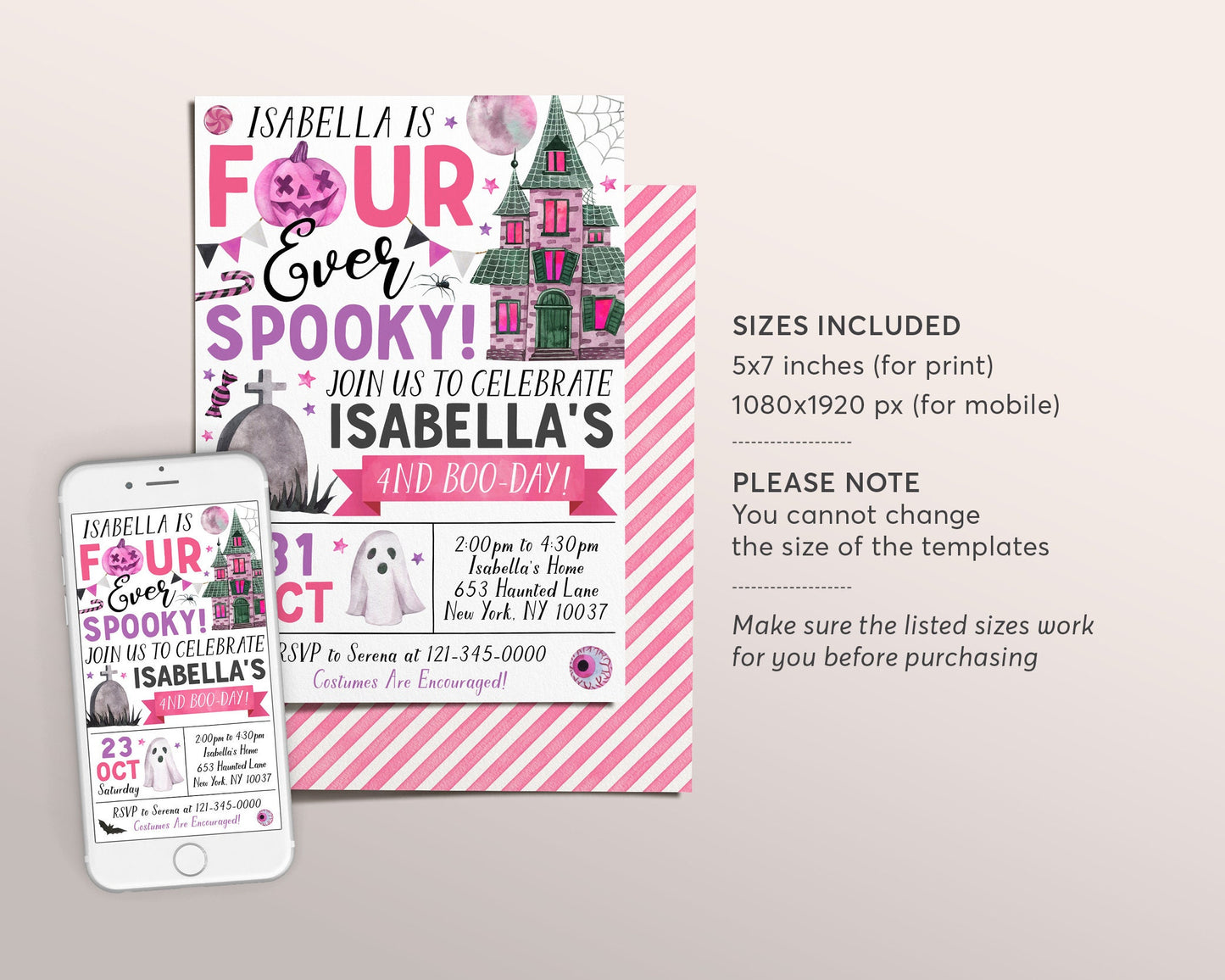 Four Ever Spooky Halloween 4th Birthday Invitation Editable Template, Girl Spooky Fourth Birthday Party Invite, Ghost Spooktacular Evite