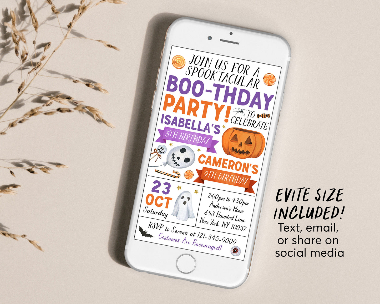 Halloween Joint Siblings Birthday Invitation Editable Template, Twins Girl Boy Ghost Boo-thday Party Invite, Kids Spooktacular Party Evite