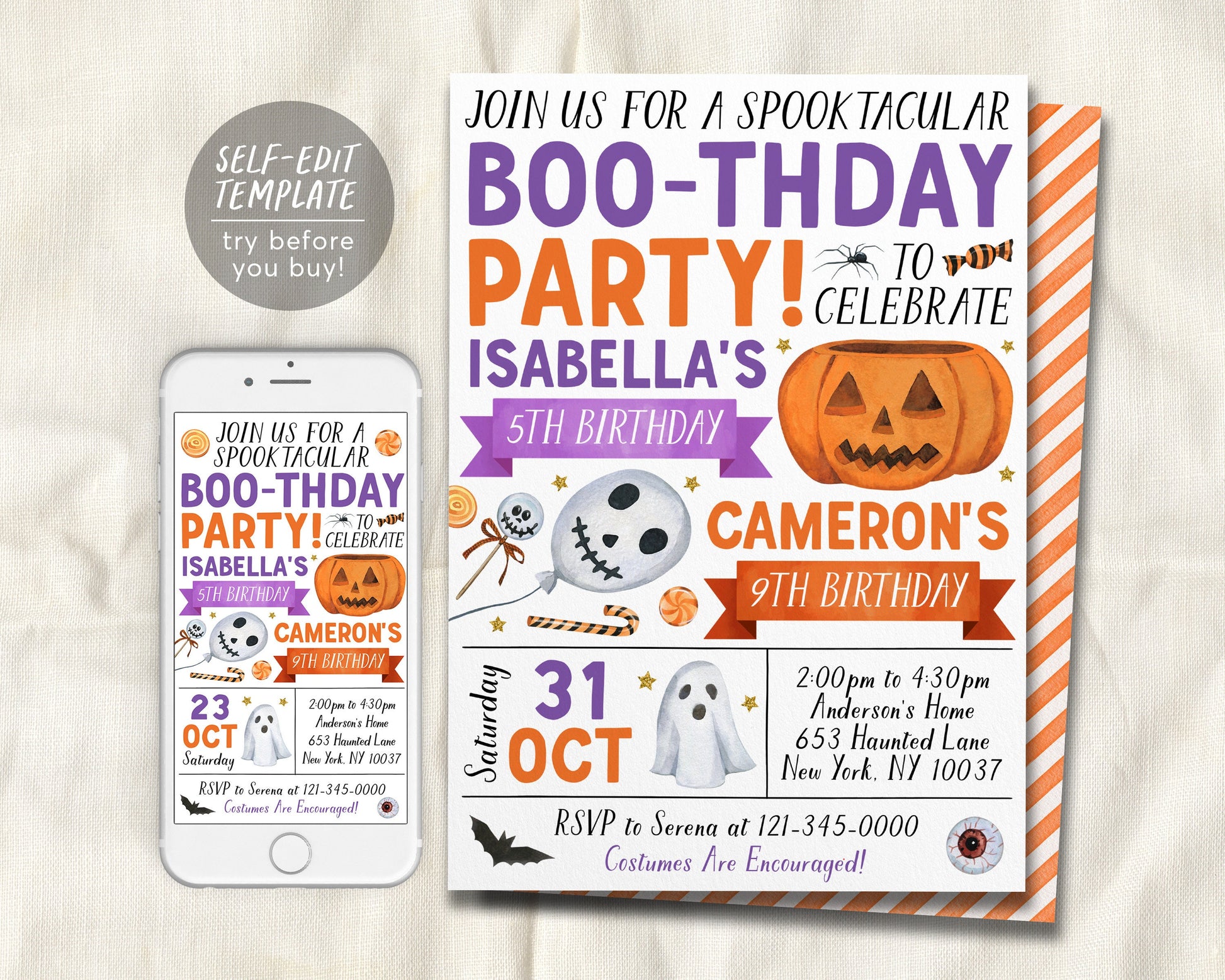 Halloween Joint Siblings Birthday Invitation Editable Template