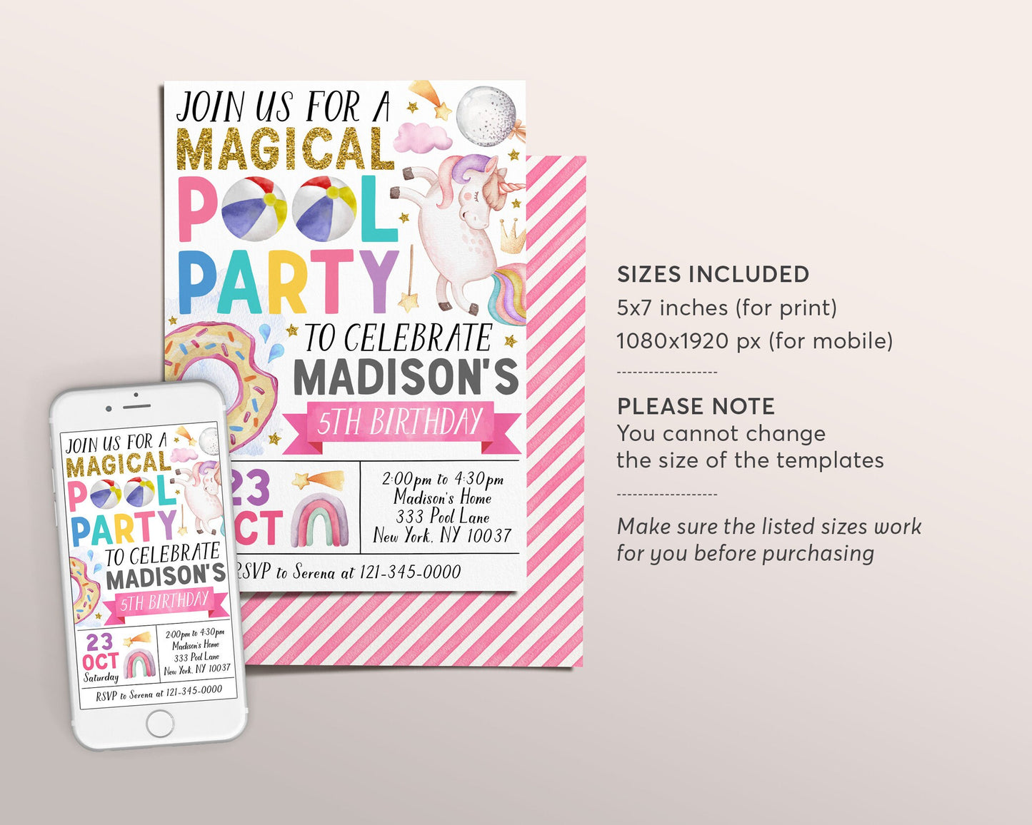 Unicorn Birthday Pool Party Invitation Editable Template, Girl Magical Splish Splash Party Invite, Unicorns Rainbow Swimming Summer Evite